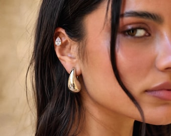 Chunky Teardrop Stud Earrings, Polished Dome Drop, 18K Gold Plated Stainless Steel