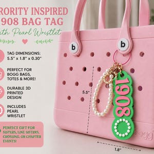 May include: Pink tote bag with a green and pink 1908 bag tag and a pearl wristlet. The tag dimensions are 5.5" x 1.8" x 0.30". The bag tag is designed for Bogg bags and totes. The bag has the word "bogg" on it.