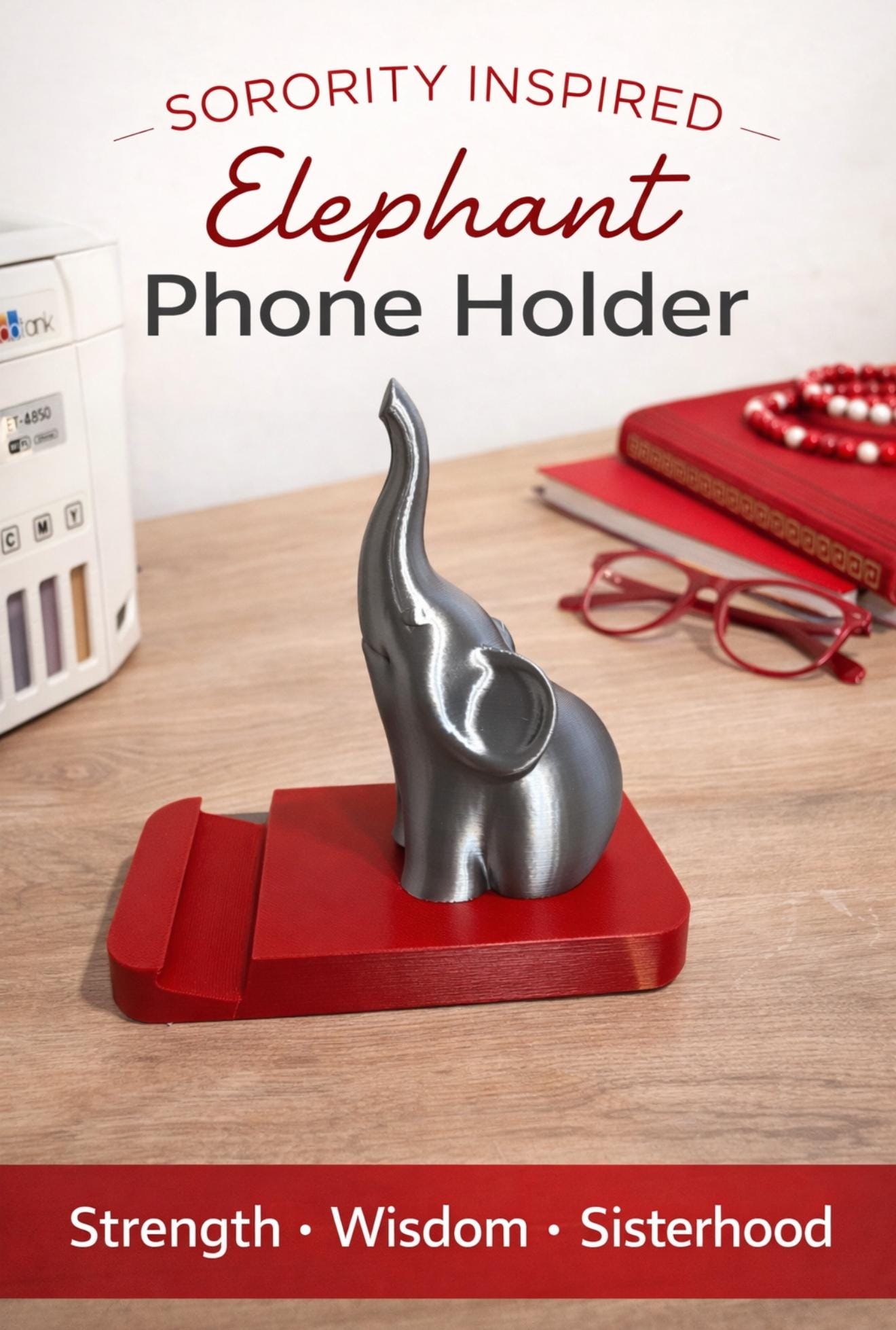 Listing photo: 3D Printed Elephant Phone Holder | Desk Accessory | Red Phone Stand | Sorority Gift