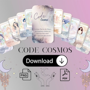 May include: A collection of Code Cosmos oracle cards with illustrations of ethereal figures. The cards are arranged in an arc, with the title "Code Cosmos" and a download button. Additional graphics include moons, stars, and file type icons.