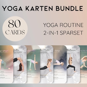 Può includere: Un pacchetto di carte yoga con il testo "YOGA KARTEN BUNDLE" e "80 CARDS". Le carte presentano illustrazioni di posizioni yoga, tra cui Half Split, Urdhva Dhanurasana e altre. Il testo "YOGA ROUTINE 2-IN-1 SPARSET" è anch'esso visibile.