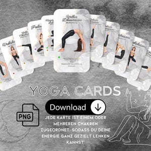 Könnte beinhalten: Eine Sammlung von Yoga-Karten mit Illustrationen verschiedener Posen. Die Karten sind weiß und zeigen Bilder von Menschen, die Yoga praktizieren. Der Text "YOGA CARDS" ist deutlich sichtbar. Das Wort "Download" ist ebenfalls vorhanden.