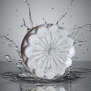 Könnte beinhalten: Ein weißes, blütenförmiges Seifenstück wird inmitten eines Wasserspritzers gezeigt, wodurch ein dynamischer Effekt entsteht. Die Seife hat eine detaillierte, strukturierte Oberfläche mit einem zentralen Design und blütenblattartigen Rändern. Wassertropfen und Spritzer umgeben die Seife.