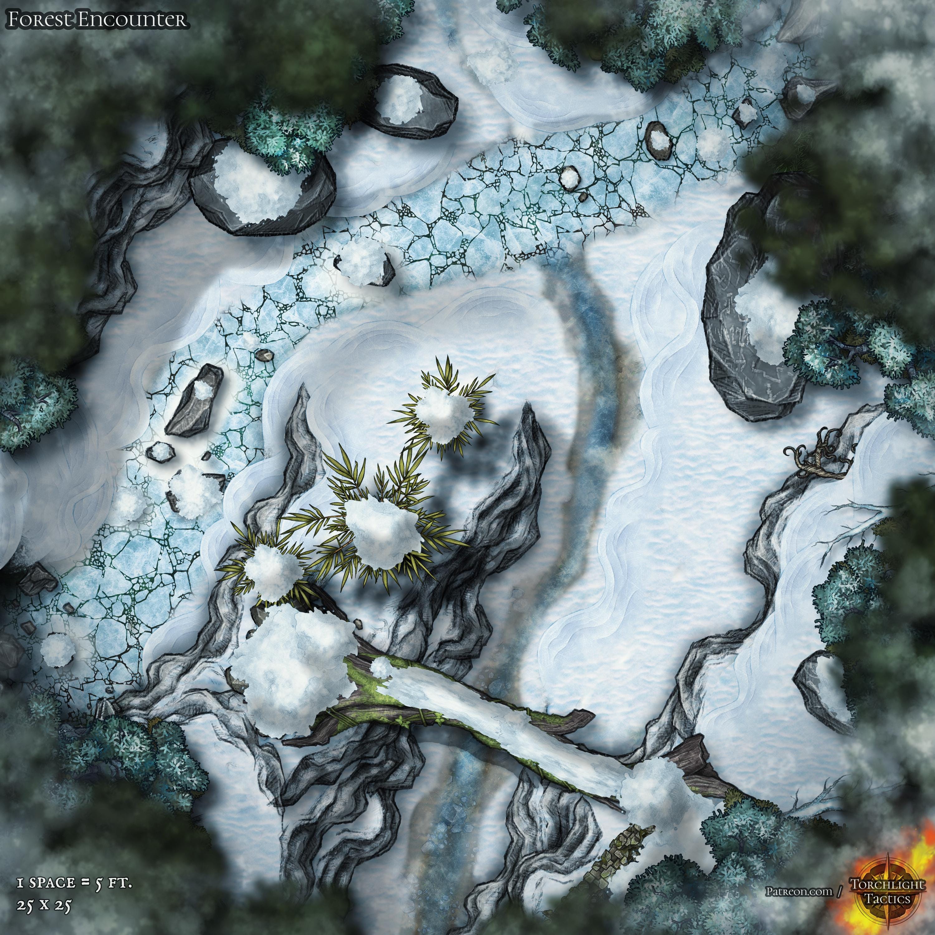 Snowy Forest Encounter Battle Map: Ice, Snow, River (25 X 25) - Etsy