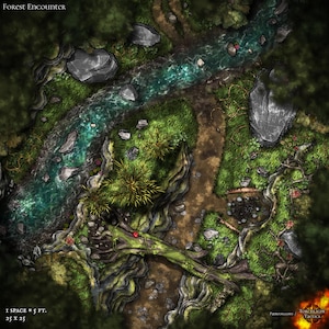 Forest Encounter Battle Map: Lush Woods, River (25x25)