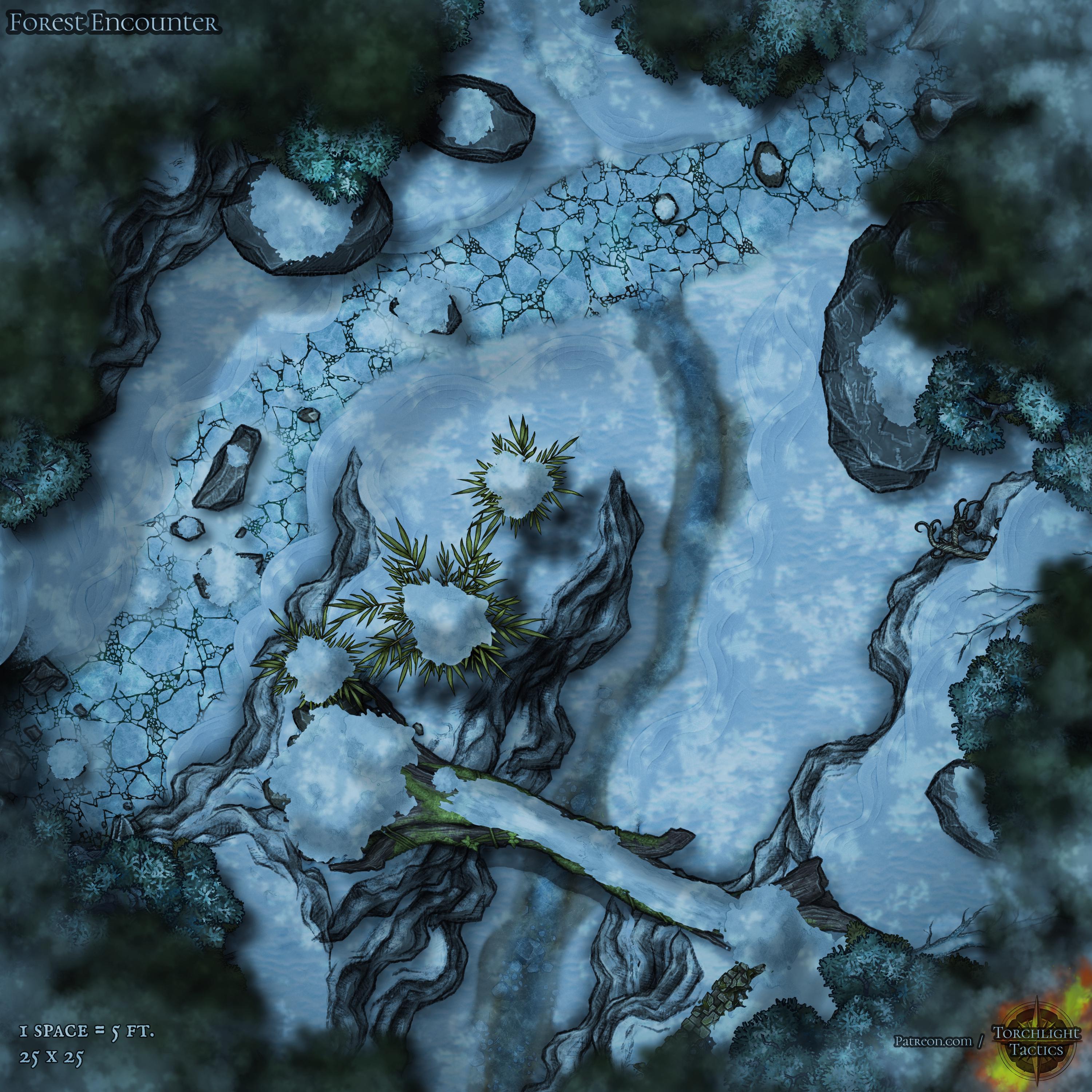 Snowy Forest Encounter Battle Map: Ice, Snow, River (25 X 25) - Etsy
