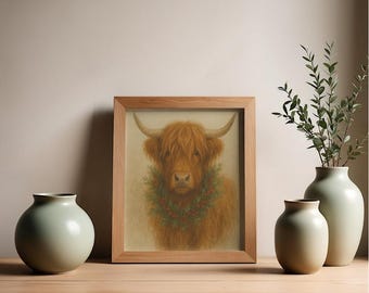 Highland Cow Christmas Print | Farmhouse Holiday Wall Art (Digital Download)