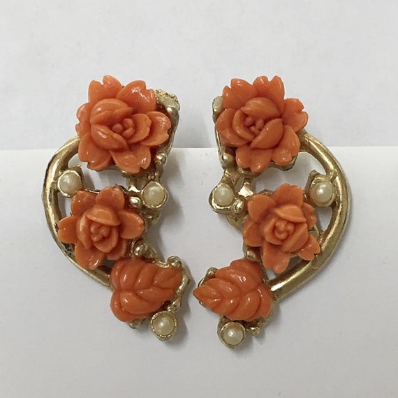 Vintage Gold Tone Faux Pearl & Coral - Orange Col… - image 1