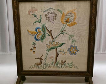 Vintage Embroidered Fire Screen Floral Needlework Wooden Frame Cottage Decor Deer Woodland Fireplace Screen