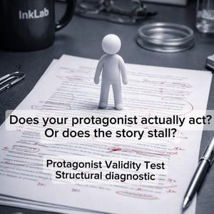 Peut inclure: Une figurine blanche se tient sur une feuille de papier avec des annotations rouges et le texte : "Does your protagonist actually act? Or does the story stall? Protagonist Validity Test Structural diagnostic." Une tasse noire avec "InkLab".