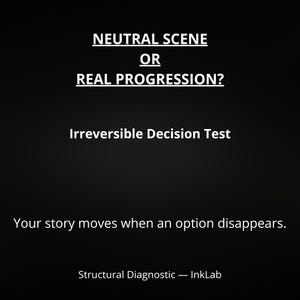 May include: A black background with white text. The text reads "NEUTRAL SCENE OR REAL PROGRESSION?" and "Irreversible Decision Test." Below, it says, "Your story moves when an option disappears." The bottom text says "Structural Diagnostic - InkLab."