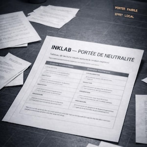 Peut inclure: Image en niveaux de gris avec des documents éparpillés. Le texte "INKLAB - PORTÉE DE NEUTRALITÉ" est visible. Une tasse avec "inklab" et une photo encadrée sont également présents.
