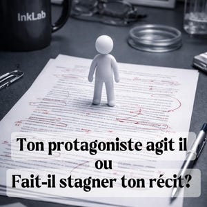May include: A white figurine stands on a marked-up document with the text "Ton protagoniste agit il ou Fait-il stagner ton récit?" A black mug with "InkLab" is visible, along with a pen and a framed photo.