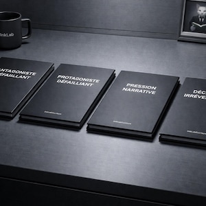 Puede incluir: Cuatro libros negros con texto blanco sobre una superficie oscura. Los títulos son "ANTAGONISTE DEFAILLANT", "PROTAGONISTE DEFAILLANT", "PRESSION NARRATIVE" y "DÉCISION & IRRÉVERSIBILITÉ". A la izquierda, una taza negra con "InkLab".