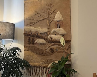Vintage Woven Jute Tapestry: Mid Century Rustic Village Scene
