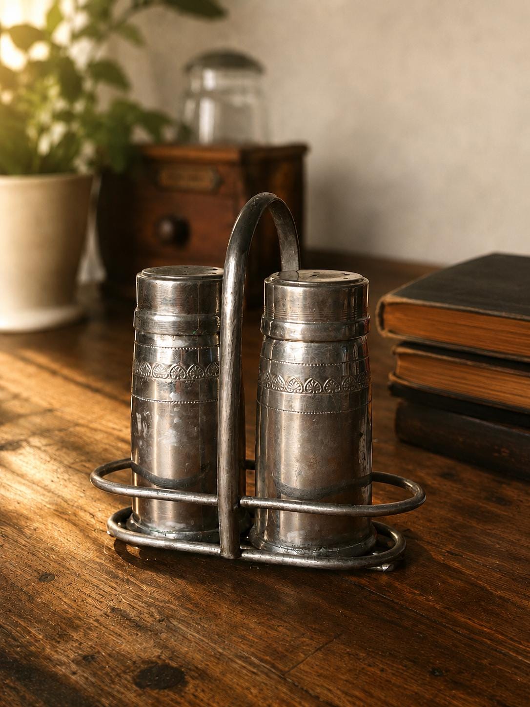 Vintage MK Salt & Pepper Shaker Set with Metal Caddy Silver Tone Tableware Decorative Condiment Set Antique Style Kitchen Decor