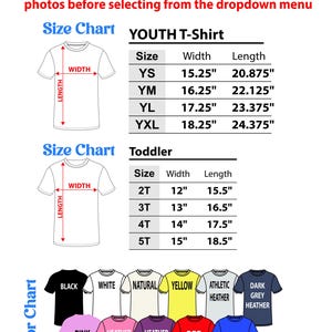 May include: Image features a size and color chart for youth and toddler t-shirts. The size chart includes measurements in inches for width and length. A color chart displays various t-shirt colors, including black, white, pink, and red.
