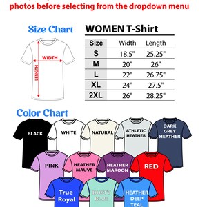 May include: Image of a women's t-shirt size and color chart. The size chart shows measurements in inches for sizes S to 2XL. The color chart displays various t-shirt colors, including black, white, pink, and red.