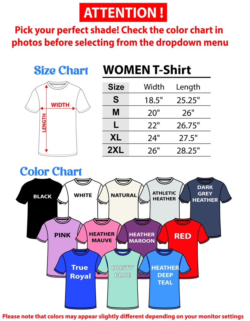 May include: Image of a women's t-shirt size and color chart. The size chart shows measurements in inches for sizes S to 2XL. The color chart displays various t-shirt colors, including black, white, pink, and red.