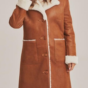 Brown Suede Shearling Style Coat, Long Winter Overcoat, Warm Luxury Outerwear image 1