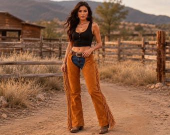 May include: A black sleeveless scoop-neck top with a button-front placket paired with blue denim jeans and tan suede leather chaps featuring long fringe detailing along the outer legs and a decorative metal buckle belt at the waist.