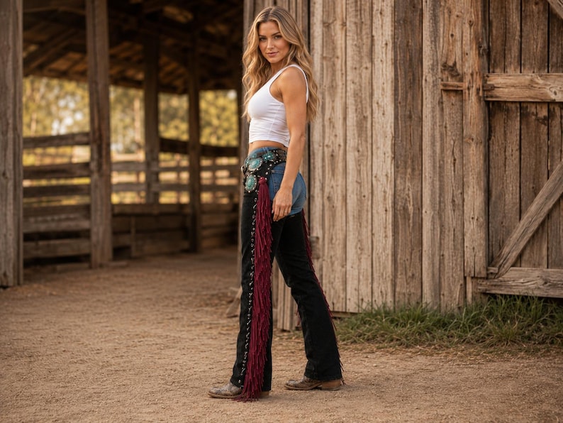 May include: Black leather chaps featuring long, deep red fringe along the outer legs and a wide, decorative belt section adorned with large, circular turquoise-colored stones and silver-toned metal studs, worn over blue denim jeans.