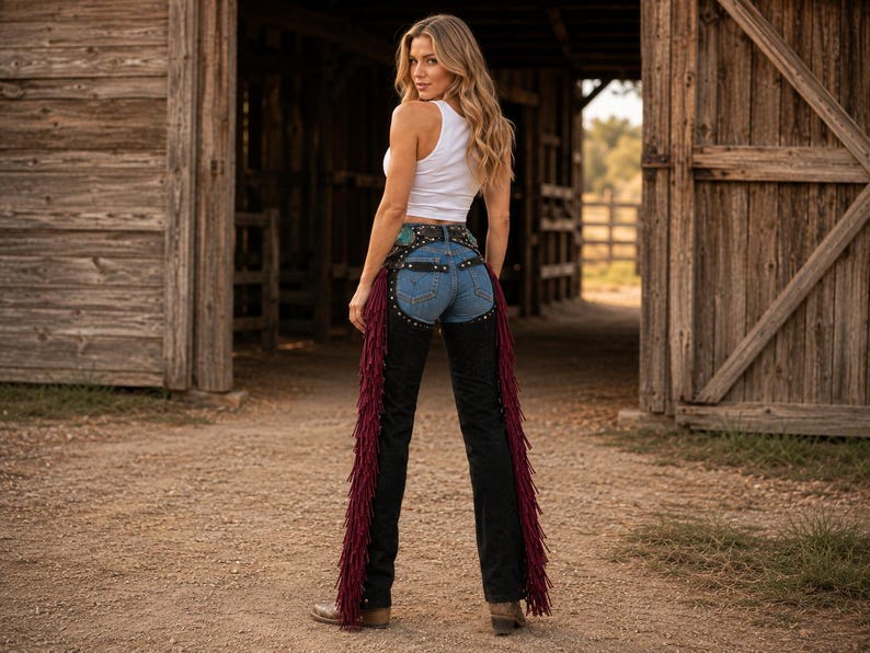 May include: A white sleeveless tank top paired with blue denim jeans and black leather chaps featuring long, deep burgundy fringe along the outer legs. The chaps include a decorative waistband with studs and turquoise accents at the back.