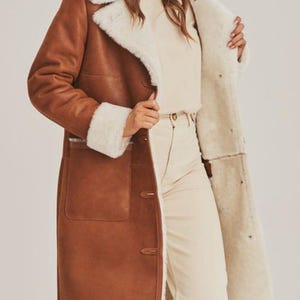 Brown Suede Shearling Style Coat, Long Winter Overcoat, Warm Luxury Outerwear image 3