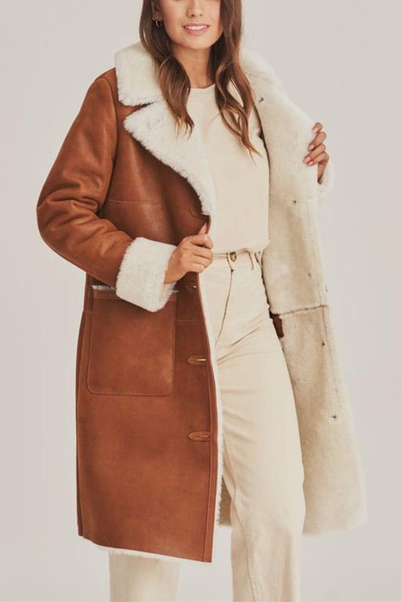 Brown Suede Shearling Style Coat, Long Winter Overcoat, Warm Luxury Outerwear image 3