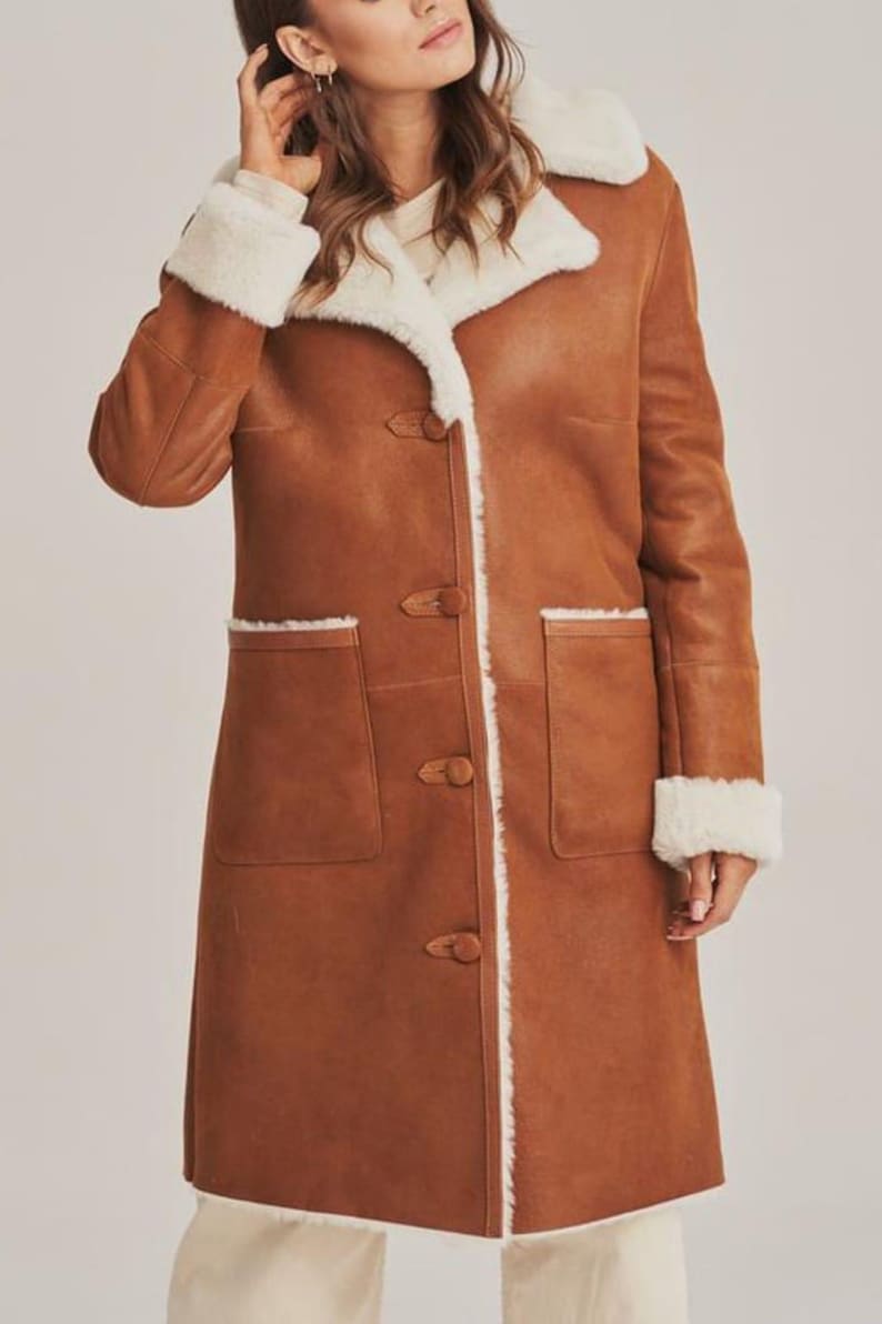 Brown Suede Shearling Style Coat, Long Winter Overcoat, Warm Luxury Outerwear image 1