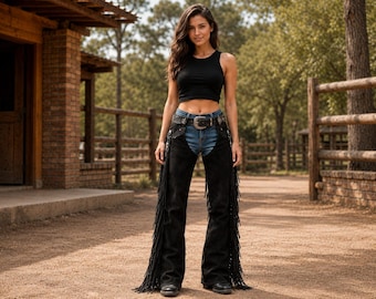 May include: Black suede leather chaps featuring long fringe detailing along the outer legs, worn over blue denim jeans with a dark leather belt featuring a silver-toned buckle. The chaps are secured at the waist with a metal buckle closure.