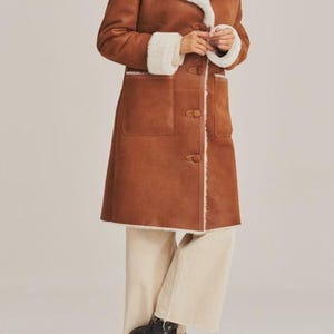 Brown Suede Shearling Style Coat, Long Winter Overcoat, Warm Luxury Outerwear image 6