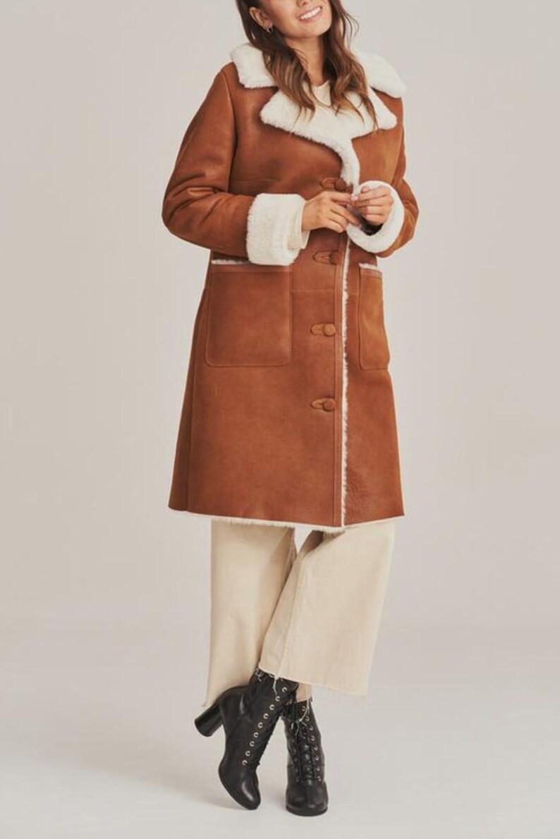Brown Suede Shearling Style Coat, Long Winter Overcoat, Warm Luxury Outerwear image 6