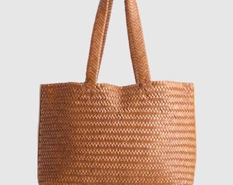 Woven Leather Tote, Brown Cowhide Shoulder Handbag, Handmade Women Purse
