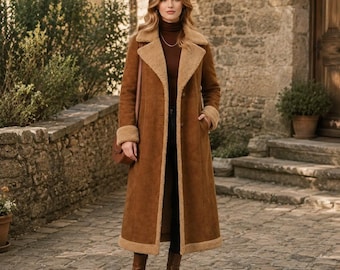 Women’s Brown Sheepskin Leather Coat Shearling Style Long Winter Trench Warm Lined Classic Outerwear