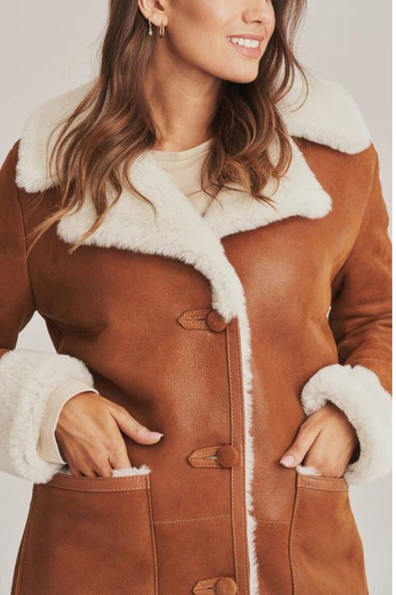 Brown Suede Shearling Style Coat, Long Winter Overcoat, Warm Luxury Outerwear image 4