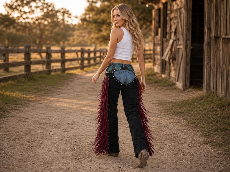 May include: Black leather chaps featuring long, deep red fringe along the outer legs and a decorative waistband adorned with circular turquoise-colored accents. The chaps are worn over blue denim jeans, paired with a simple white sleeveless top.