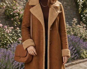Women’s Brown Sheepskin Leather Coat Shearling Style Long Winter Trench Warm Lined Classic Outerwear