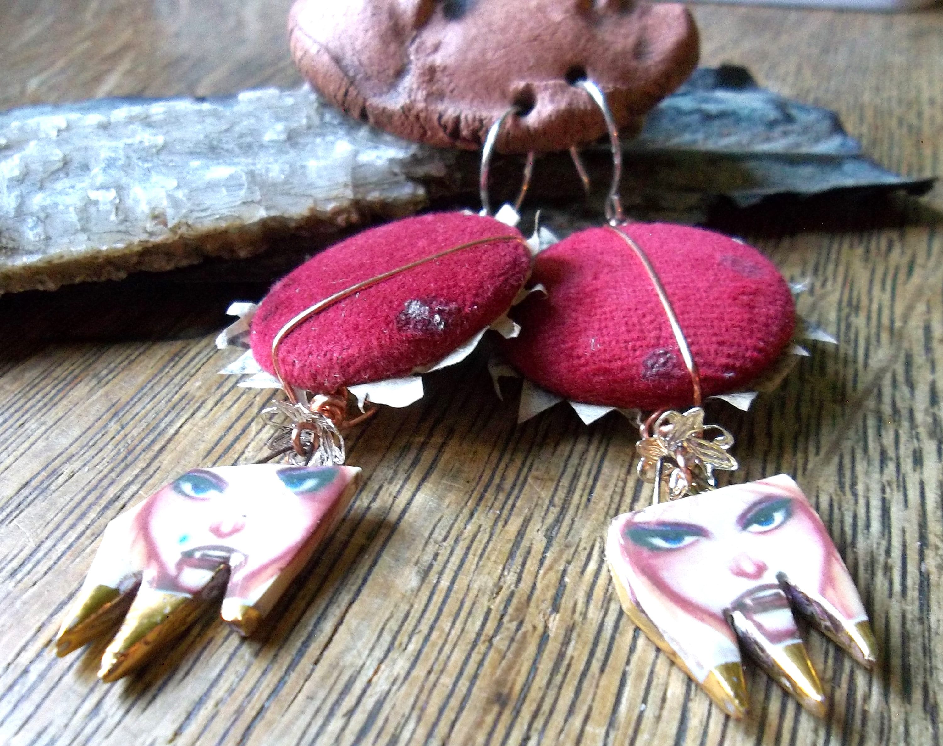 Ceramic Earrings with Comic Vampire and Upcycled Vintage Cloth Buttons