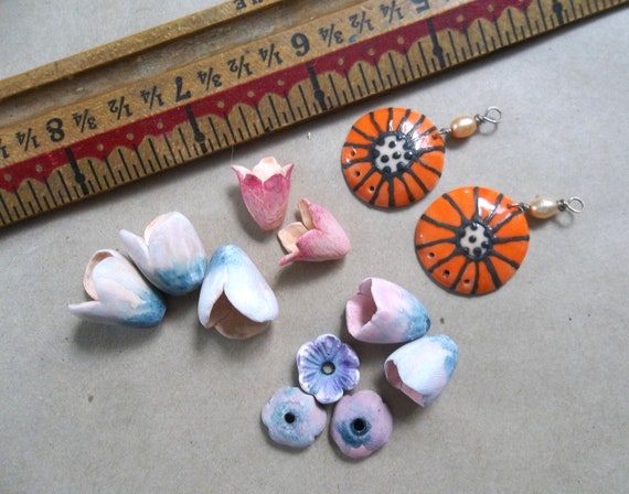 Porcelain Clay Drops and Bead Caps Components Destash