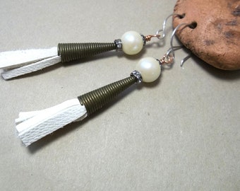 Fringed Leather with Coiled Caps and Pearl Earrings