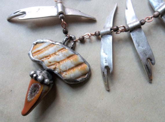 Vintage Aluminum Flares Faux Pearls Handmade Chain Shell Glass Neckpiece