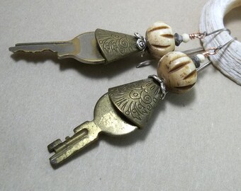 Old Keys with Bone and Brass Earrings