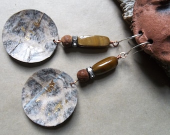 Collaged Beer Bottle Cap Drop Earrings w/ Stone Beads