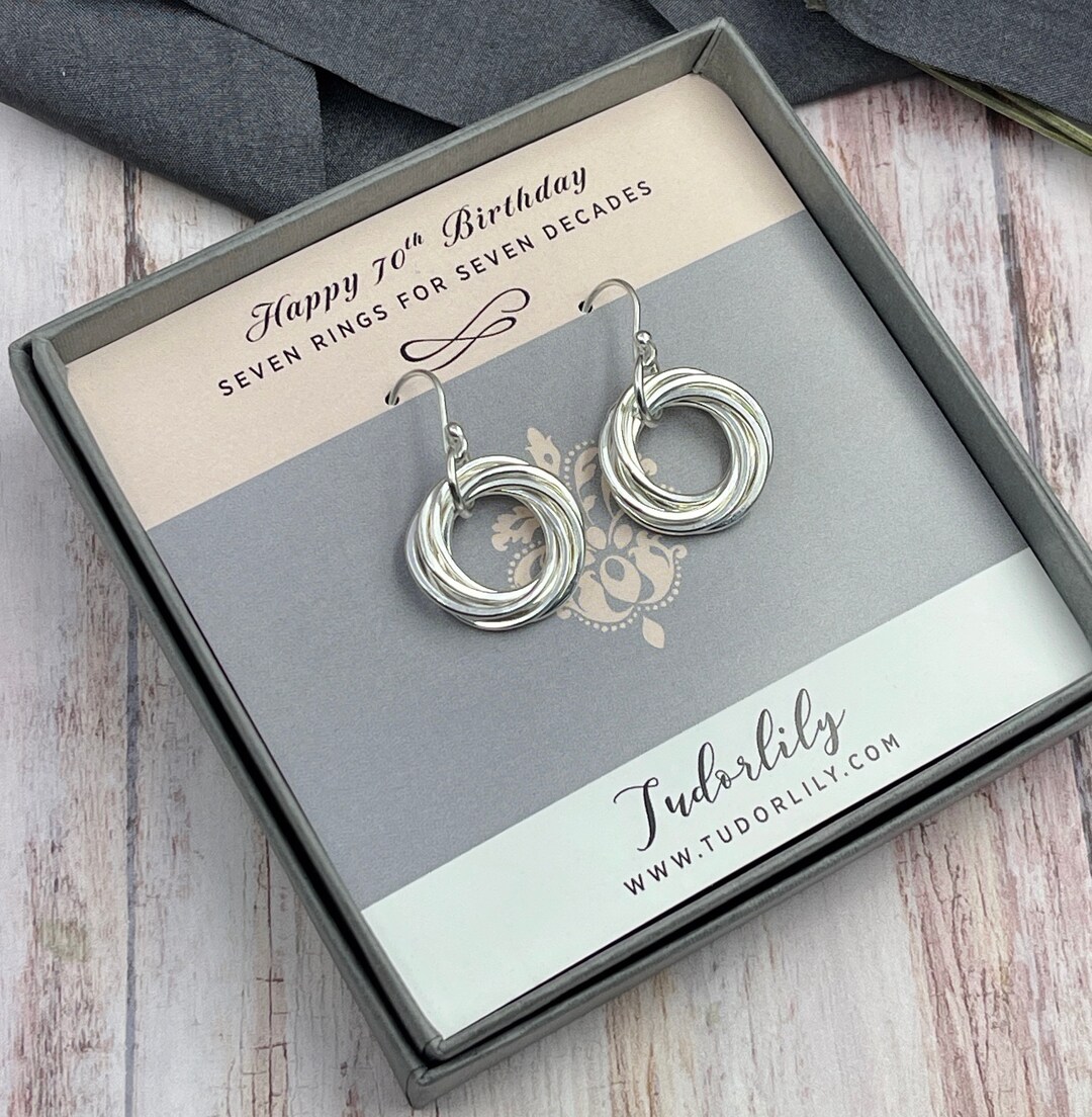 7 Interlocking Rings, Silver Earrings, 70th Birthday, 7 Rings, Circle ...