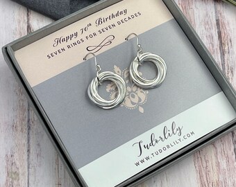 7 Interlocking Rings, Silver Earrings, 70th Birthday, 7 Rings, Circle Earrings, Entwined Rings Jewelry