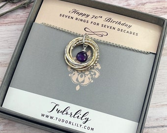 Amethyst 7 Ring Halskette, Februar Geburtsstein, 70.Geburtstag, Silber und Goldringe, Februar Geburtstag, gemischte Metalle