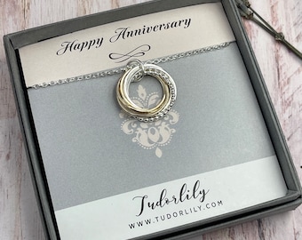 7th Jubiläum Halskette, 7 Ringe Halskette, Silber & Gold Halskette, Jubiläumsgeschenk, Mixed Metals