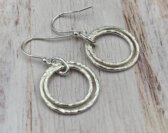 Hoop Earrings, Textured Circle Earrings, 2 circles, O Earrings, Everyday Earrings, Sterling Silver Pretty Earrings