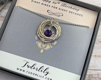 Amethyst 8 Ring-Halskette, Februar Geburtsstein, 80.Geburtstag, Silber- und Goldringe, Geburtstag im Februar, gemischte Metalle